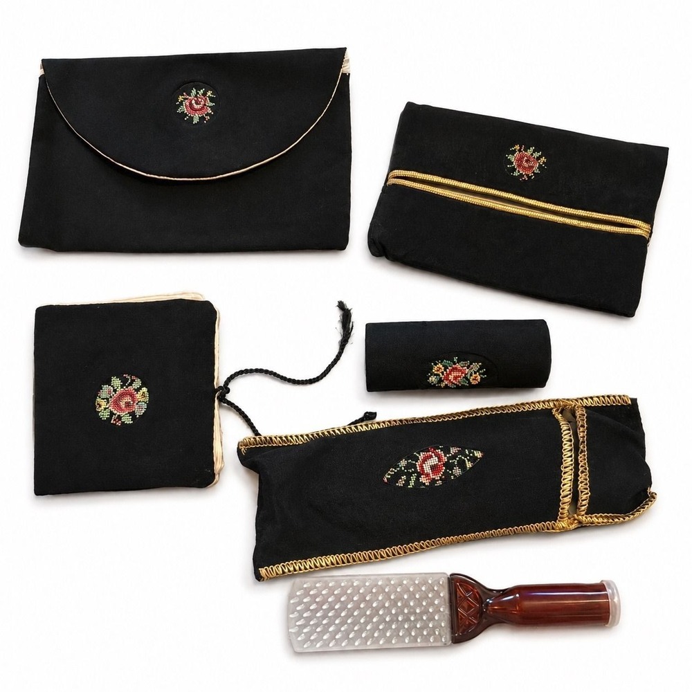 1940s W Germany 6 Piece Travel Vanity Set Petit Point Floral Black
